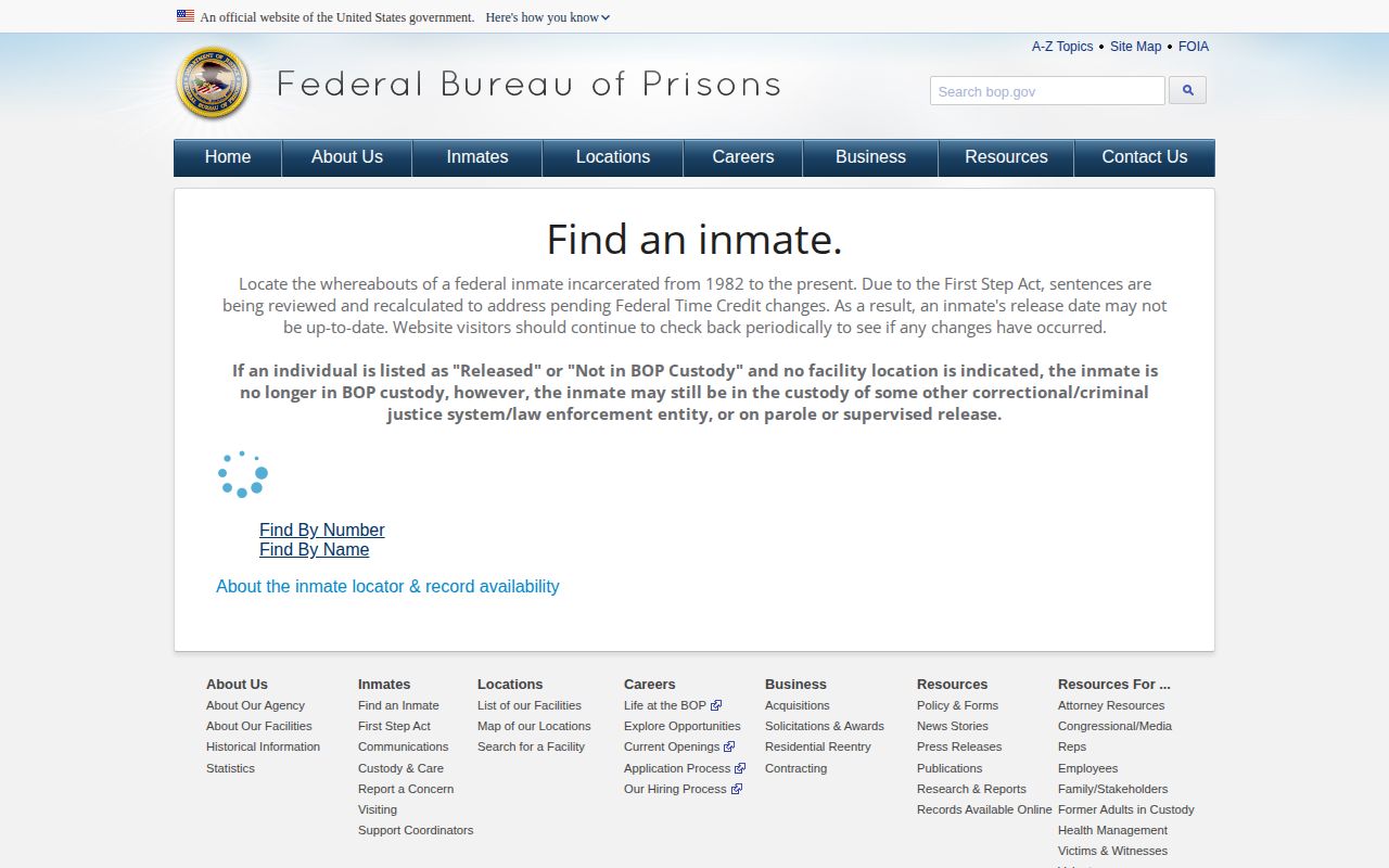 Federal BOP release locator fields for a Juniata County federal custody check