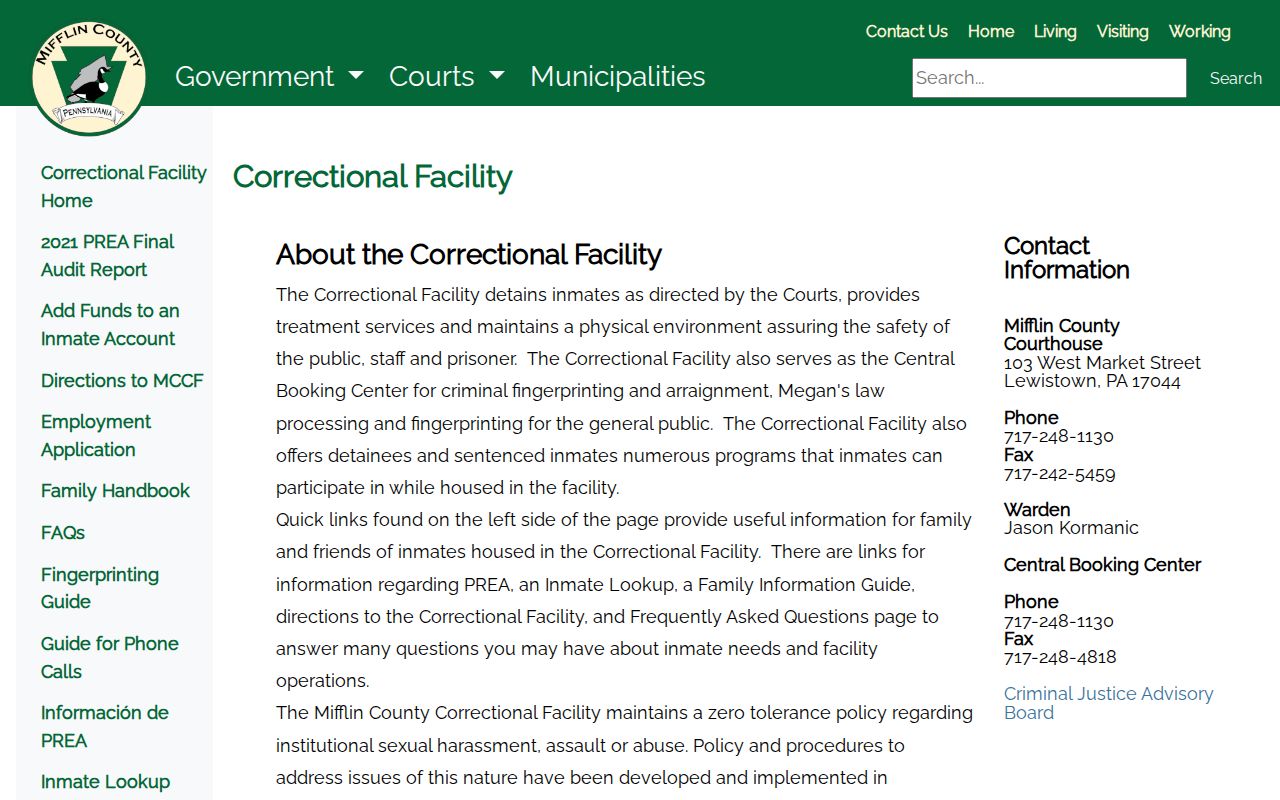 Mifflin County Correctional Facility contact page for Juniata County release records