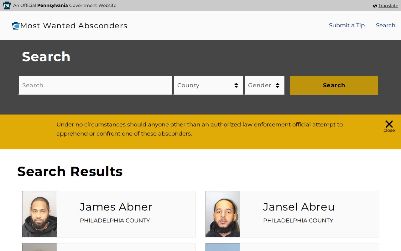 Juniata County parole absconder status search and PADOC warning